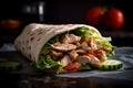 Delicious shawarma cut out. Chicken shawarma with tomato cucumber and lettuce. generative ai