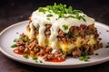 Delicious shepherds pie classic savory dish with minced meat and mashed potatoes Royalty Free Stock Photo