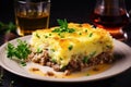 Delicious shepherds pie. Classic savory dish with minced meat and mashed potatoes Royalty Free Stock Photo