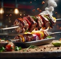 Untitled design - 1Delicious shish kebab is a skewered roasted meat dish, grilled over charcoal or wood, Royalty Free Stock Photo