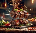 Untitled design - 1Delicious shish kebab is a skewered roasted meat dish, grilled over charcoal or wood, Royalty Free Stock Photo