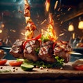 Untitled design - 1Delicious shish kebab is a skewered roasted meat dish, grilled over charcoal or wood, Royalty Free Stock Photo