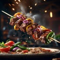 Untitled design - 1Delicious shish kebab is a skewered roasted meat dish, grilled over charcoal or wood, Royalty Free Stock Photo