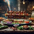 Untitled design - 1Delicious shish kebab is a skewered roasted meat dish, grilled over charcoal or wood, Royalty Free Stock Photo