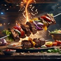 Untitled design - 1Delicious shish kebab is a skewered roasted meat dish, grilled over charcoal or wood, Royalty Free Stock Photo