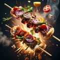 Untitled design - 1Delicious shish kebab is a skewered roasted meat dish, grilled over charcoal or wood, Royalty Free Stock Photo