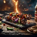 Untitled design - 1Delicious shish kebab is a skewered roasted meat dish, grilled over charcoal or wood, Royalty Free Stock Photo