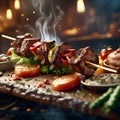 Untitled design - 1Delicious shish kebab is a skewered roasted meat dish, grilled over charcoal or wood, Royalty Free Stock Photo