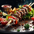 Untitled design - 1Delicious shish kebab is a skewered roasted meat dish, grilled over charcoal or wood, Royalty Free Stock Photo