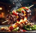 Untitled design - 1Delicious shish kebab is a skewered roasted meat dish, grilled over charcoal or wood, Royalty Free Stock Photo