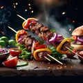 Untitled design - 1Delicious shish kebab is a skewered roasted meat dish, grilled over charcoal or wood, Royalty Free Stock Photo