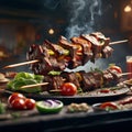 Untitled design - 1Delicious shish kebab is a skewered roasted meat dish, grilled over charcoal or wood, Royalty Free Stock Photo