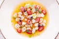 Delicious shrimp ceviche with strawberries, spices and lemon