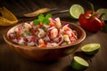 Delicious shrimp ceviche with vegetables, spices, onions and lime Royalty Free Stock Photo