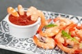 Delicious shrimp cocktail with sauce, closeup