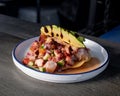Delicious shrimp, fish and octopus tostada Mexican style Royalty Free Stock Photo