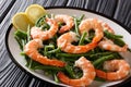 Delicious shrimp salad with green beans, cheese and lemon close-up on a plate. horizontal