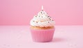 Delicious single birthday cupcake with a flickering candle on a delightful light pink background Royalty Free Stock Photo