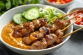 Delicious skewered meat with peanut sauce and fresh vegetables Royalty Free Stock Photo