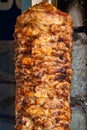 Delicious slabs of skewered fast food shawerma chicken and lamb meat turn side by side on a spit