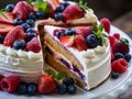 Delicious Slice of Berry Sponge Cake with Creamy Topping. Slice of gourmet fresh berry cake Royalty Free Stock Photo
