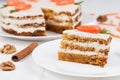 Delicious slice of carrot sponge cake with icing