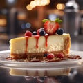 Delicious slice of cheese cake on plate