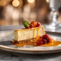 Delicious slice of cheese cake on plate