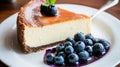 Delicious Cheesecake Slice With Blueberries and Mint Garnish on White Plate Royalty Free Stock Photo