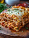 delicious slice of fresh italian lasagne on a wooden plate