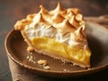 Delicious slice of lemon meringue pie on a rustic plate