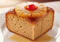 A delicious slice of pineapple upside-down cake on a white plate Royalty Free Stock Photo