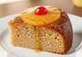 A delicious slice of pineapple upside-down cake on a white plate Royalty Free Stock Photo