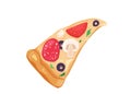 Delicious slice of pizza with cheese, olives, mushrooms, tomato, salami isolated on white background. I choose sweet