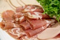 Delicious slice salami on plate for buffet