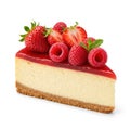 Delicious slice of strawberry and raspberry cheesecake with fresh berry toppings Royalty Free Stock Photo