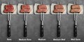 Sliced beef tenderloins with different degrees of doneness on grey background, top view. Banner design Royalty Free Stock Photo