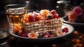 Delicious Sliced Bread with Dripping Honey and Fruits on Blurry Background