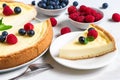Delicious sliced cheesecake with fresh berries and mint on stone background. close up