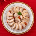 Delicious sliced chicken roll soaked in Chinese wine for lunar new year`s dishes Royalty Free Stock Photo