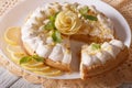 Delicious sliced lemon meringue cake close up. horizontal Royalty Free Stock Photo