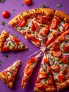 Delicious Sliced Pepperoni Pizza with Melted Cheese and Fresh Tomato Topped with Herbs on Purple Background Royalty Free Stock Photo