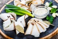 Delicious sliced pork fat with spices, green onions, garlic and Royalty Free Stock Photo