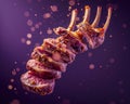 Delicious Sliced Rack of Lamb with Herbs and Spices Floating in Air on Dark Purple Background with Bokeh Lights