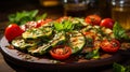 Delicious sliced zucchini and cherry tomatoes on kitchen board with soft diffused light macro shot