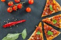 Delicious fresh cooked slices of pepperoni pizza on slate with cherry tomatoes red pepper and basil leafs Royalty Free Stock Photo