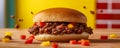 Delicious Sloppy Joe Sandwich with Ground Beef and Diced Vegetables on Wooden Table and Yellow Background