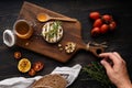 Cheese plate, honey pouring on camembert cheese. Royalty Free Stock Photo
