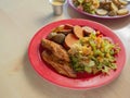 Smoked Grilled Chicken with BBQ Sauce and a mix of Potatoes and Sweet Potatoes and Green Salad with Yellow Corn Royalty Free Stock Photo