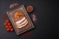 Delicious smoked ham or chicken meat with salt, spices and french mustard Royalty Free Stock Photo